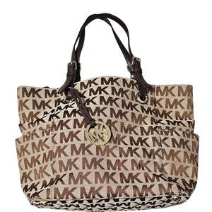 Michael Kors Classic Jet Set Large Tote Handbag Brown And Tan Monogram With Gold